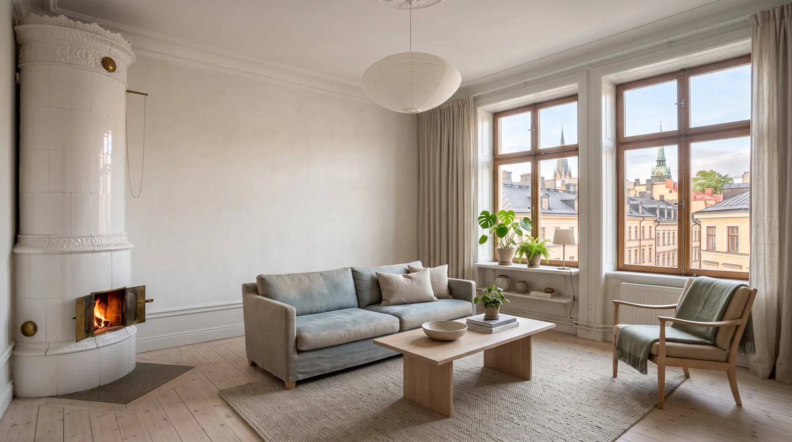Bright living room with a lit tiled stove and two tall windows overlooking rooftops and towers