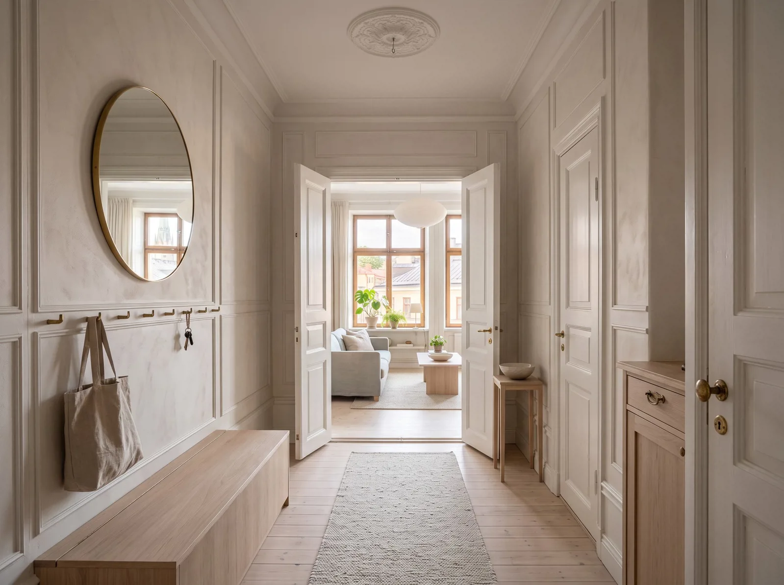 Paneled entry hall opening through double doors into a bright living room