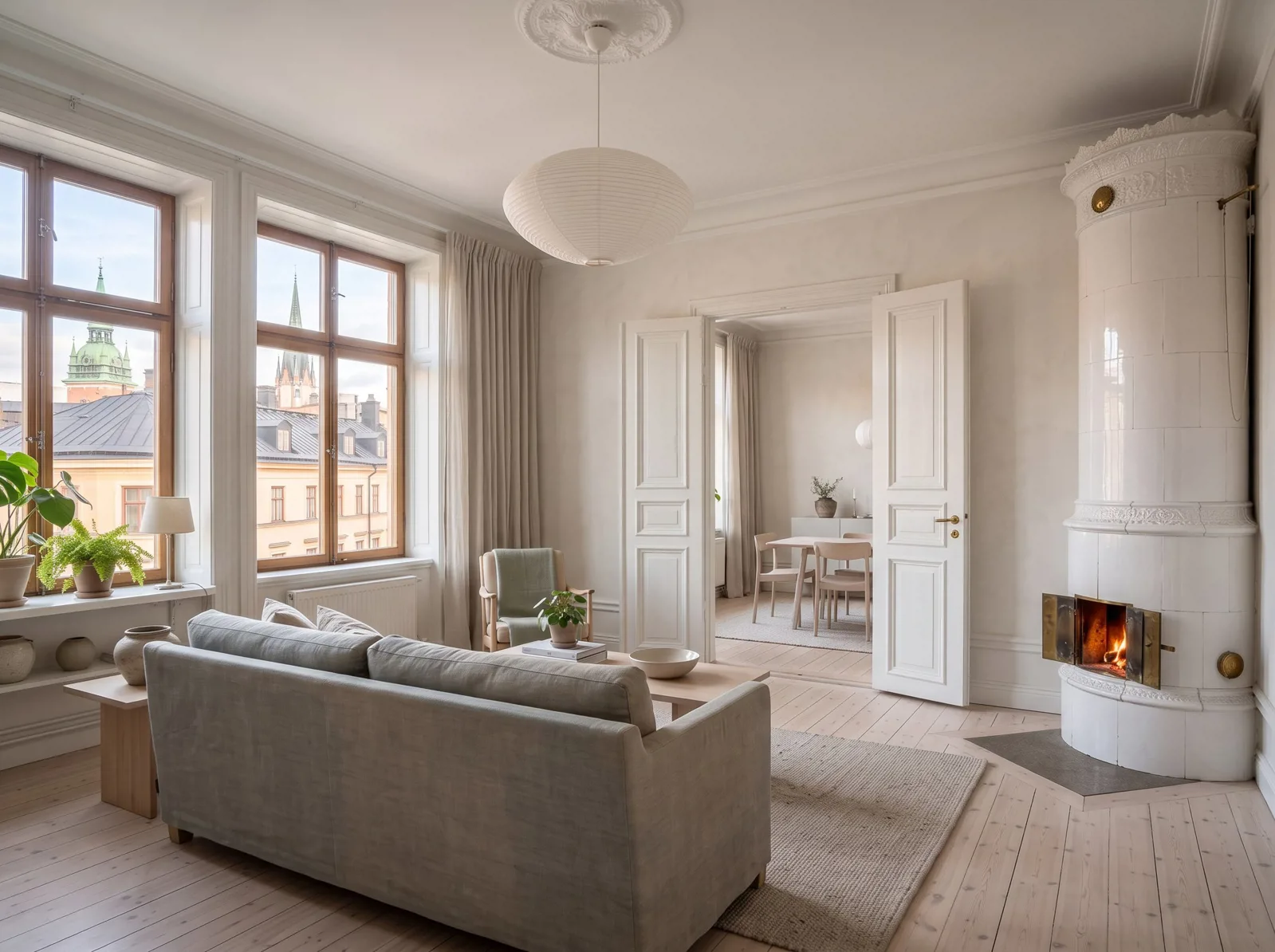 Living room with a lit tiled stove, tall windows and open double doors to a dining area