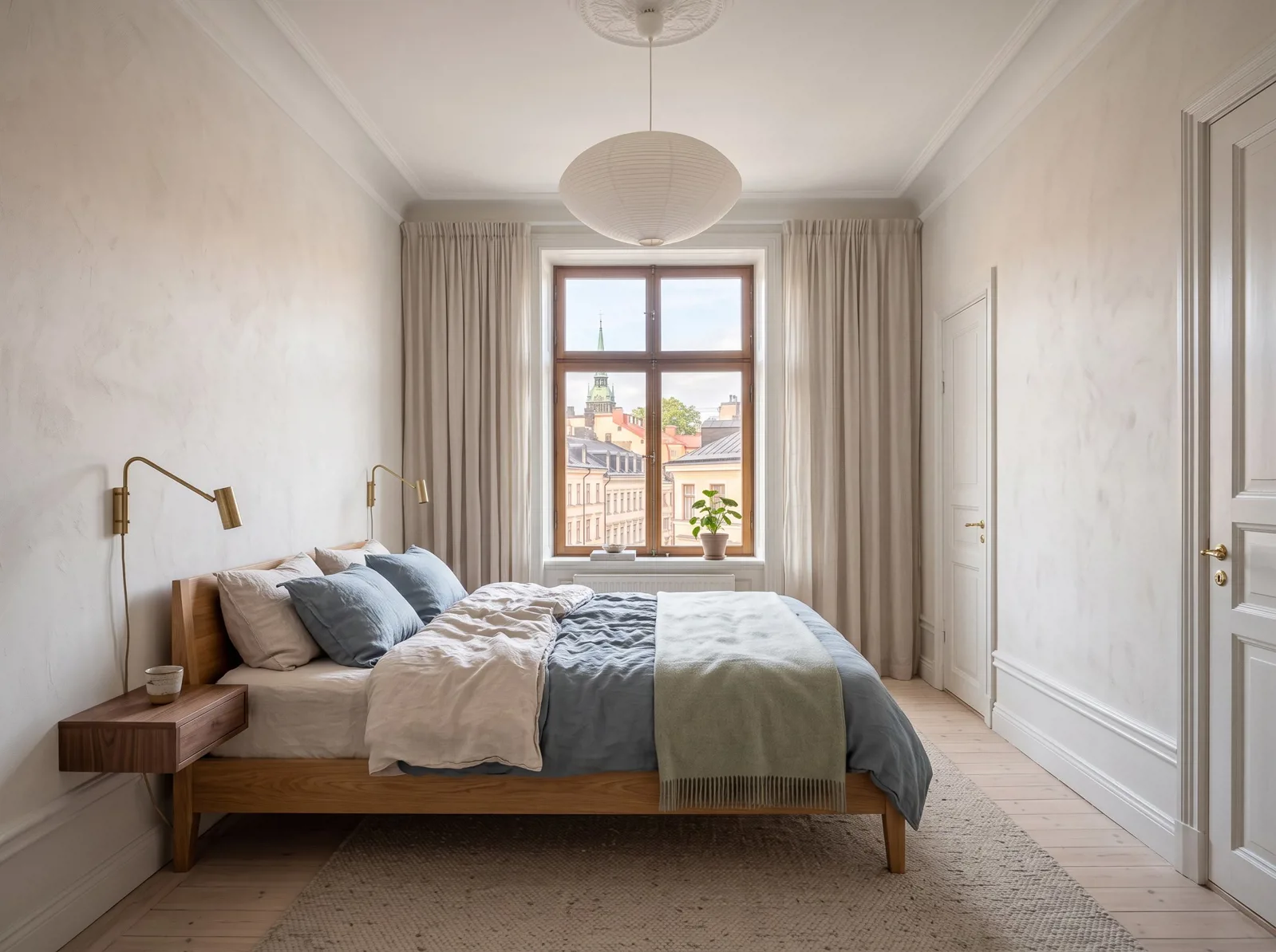 Bedroom with a double bed facing a tall window and rooftop view